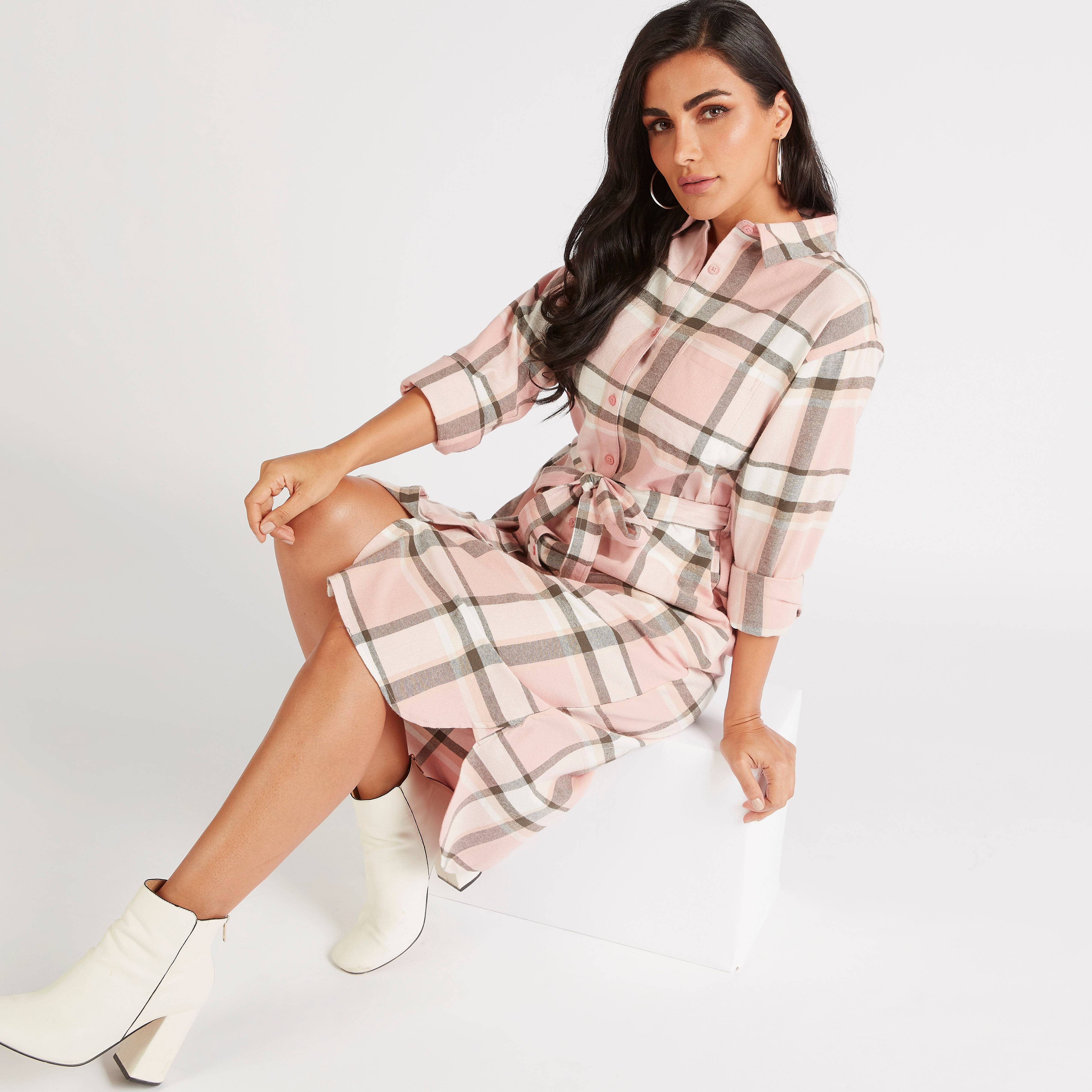 Checked Midi Shirt Dress with Collar and Tie-Up-women-clothing-dresses-image-2