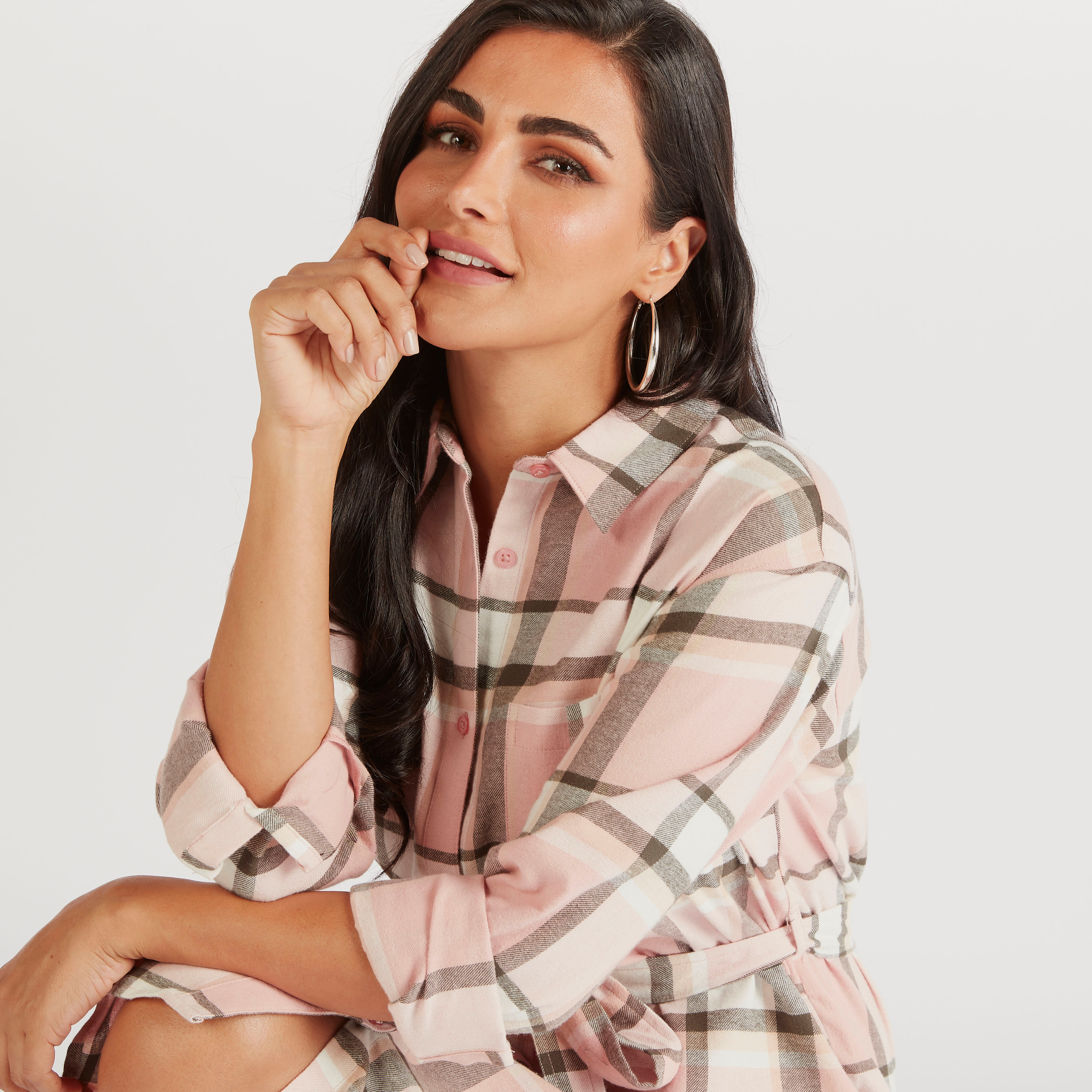 Checked Midi Shirt Dress with Collar and Tie-Up-women-clothing-dresses-image-3