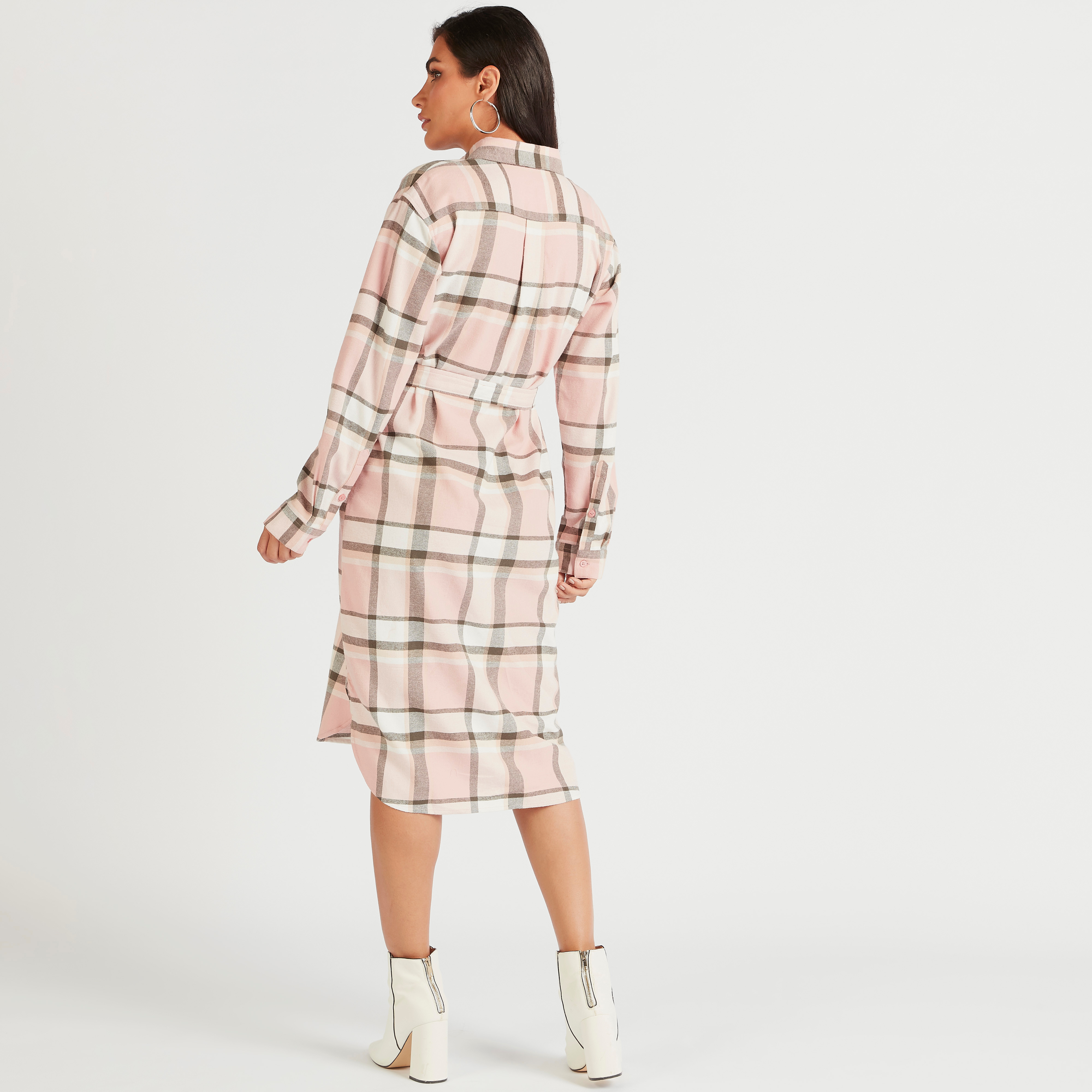 Checked Midi Shirt Dress with Collar and Tie-Up-women-clothing-dresses-image-4