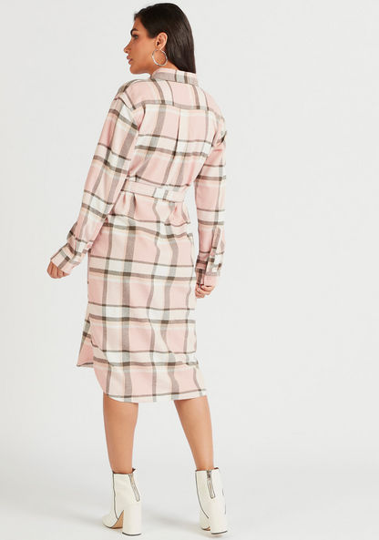 Checked Midi Shirt Dress with Collar and Tie-Up