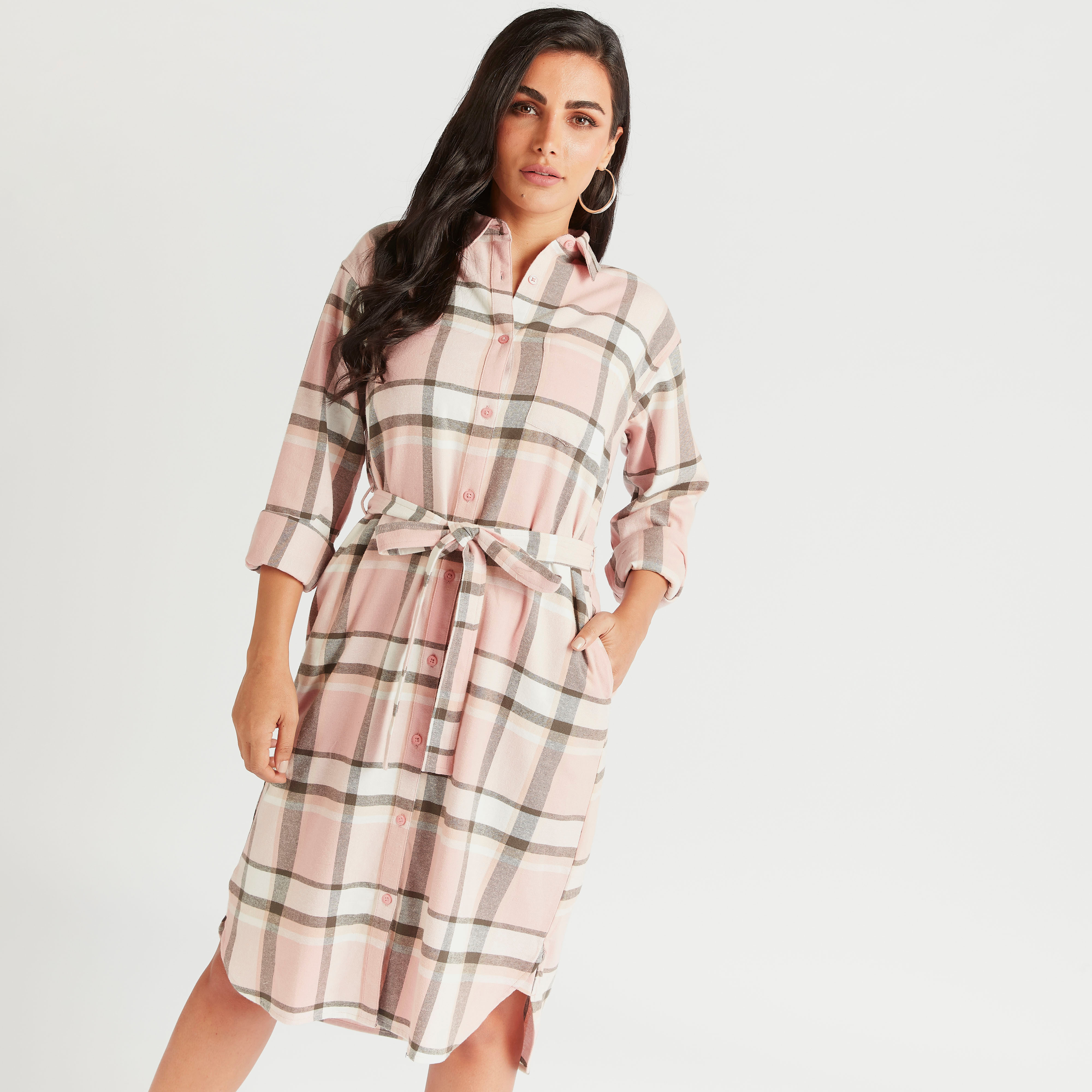 Checked Midi Shirt Dress with Collar and Tie-Up-women-clothing-dresses-image-5
