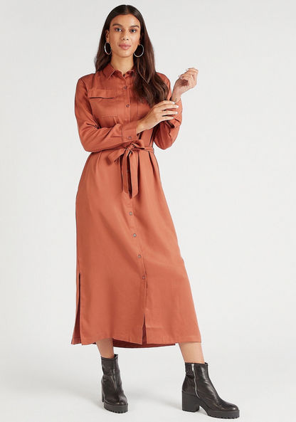 Solid Midi Shirt Dress with Long Sleeves and Tie Up