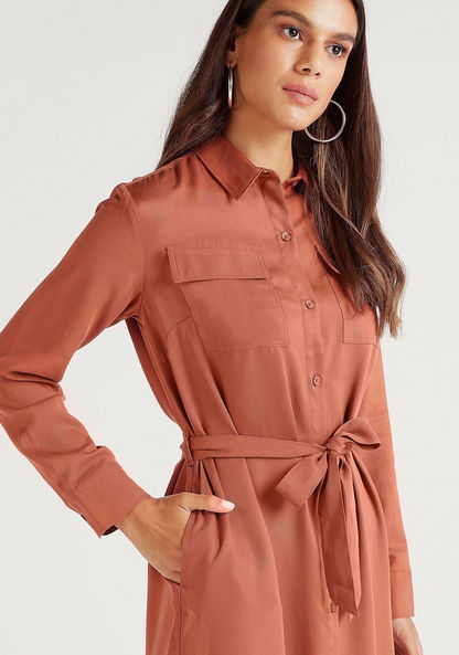 Solid Midi Shirt Dress with Long Sleeves and Tie Up