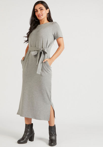 Solid Crew Neck Midi Shift Dress with Tie-Ups and Short Sleeves