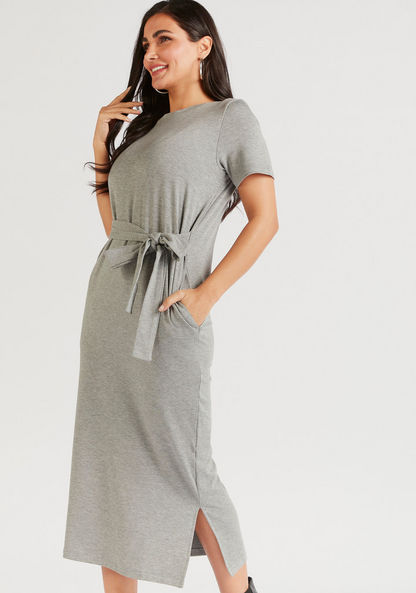 Solid Crew Neck Midi Shift Dress with Tie-Ups and Short Sleeves