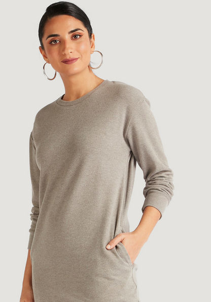 Textured Midi Shift Dress with Long Sleeves