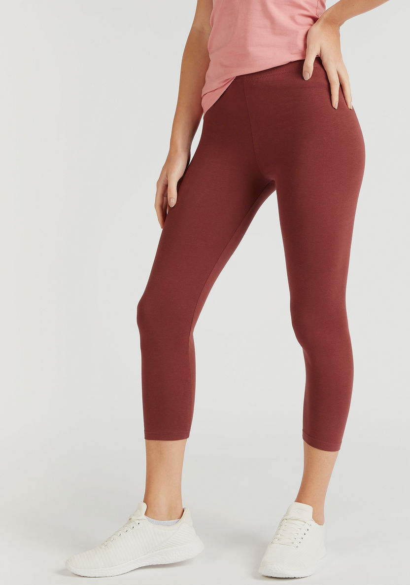 Solid Cropped Leggings with Elasticated Waistband-Leggings-image-0