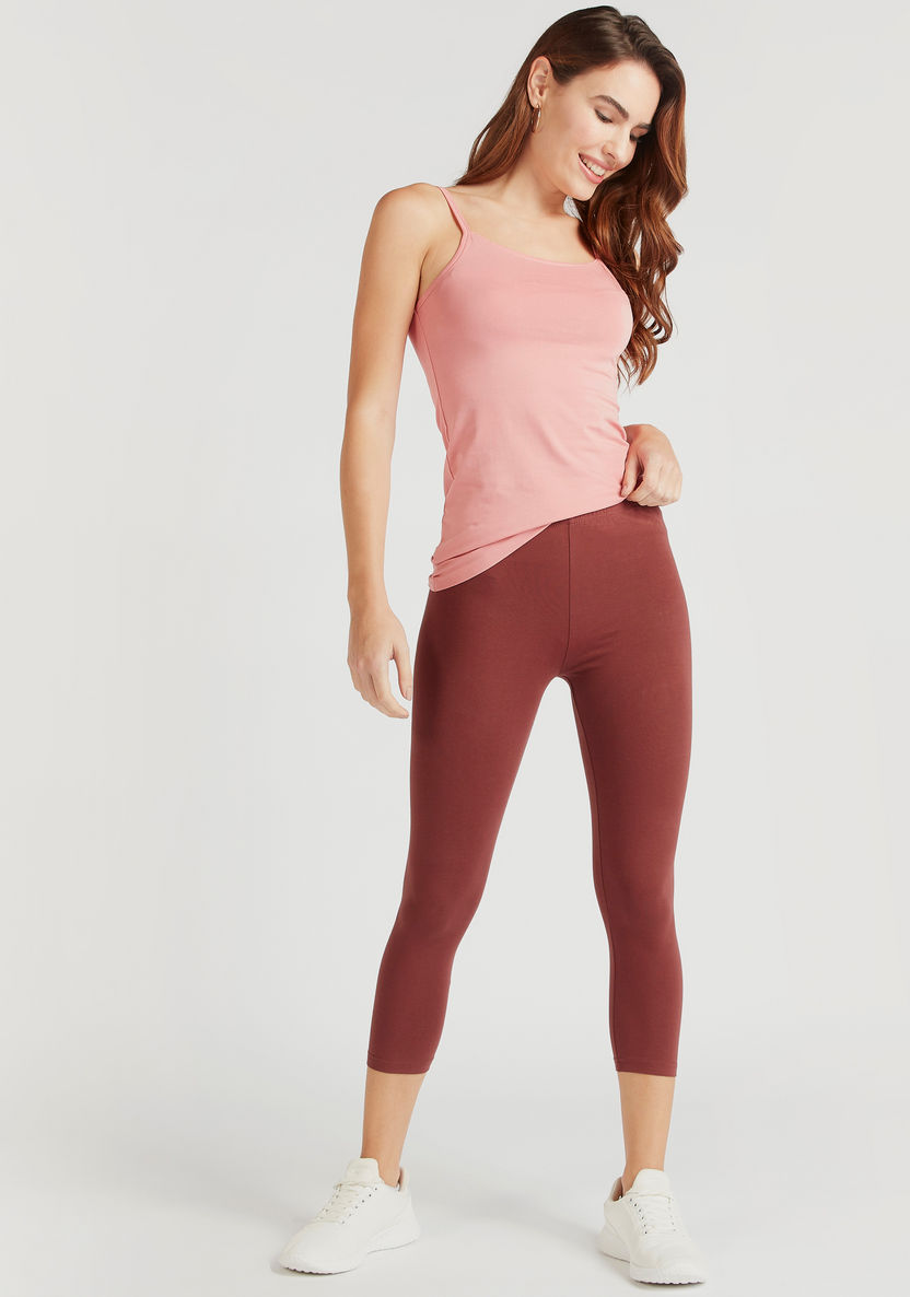 Solid Cropped Leggings with Elasticated Waistband-Leggings-image-1