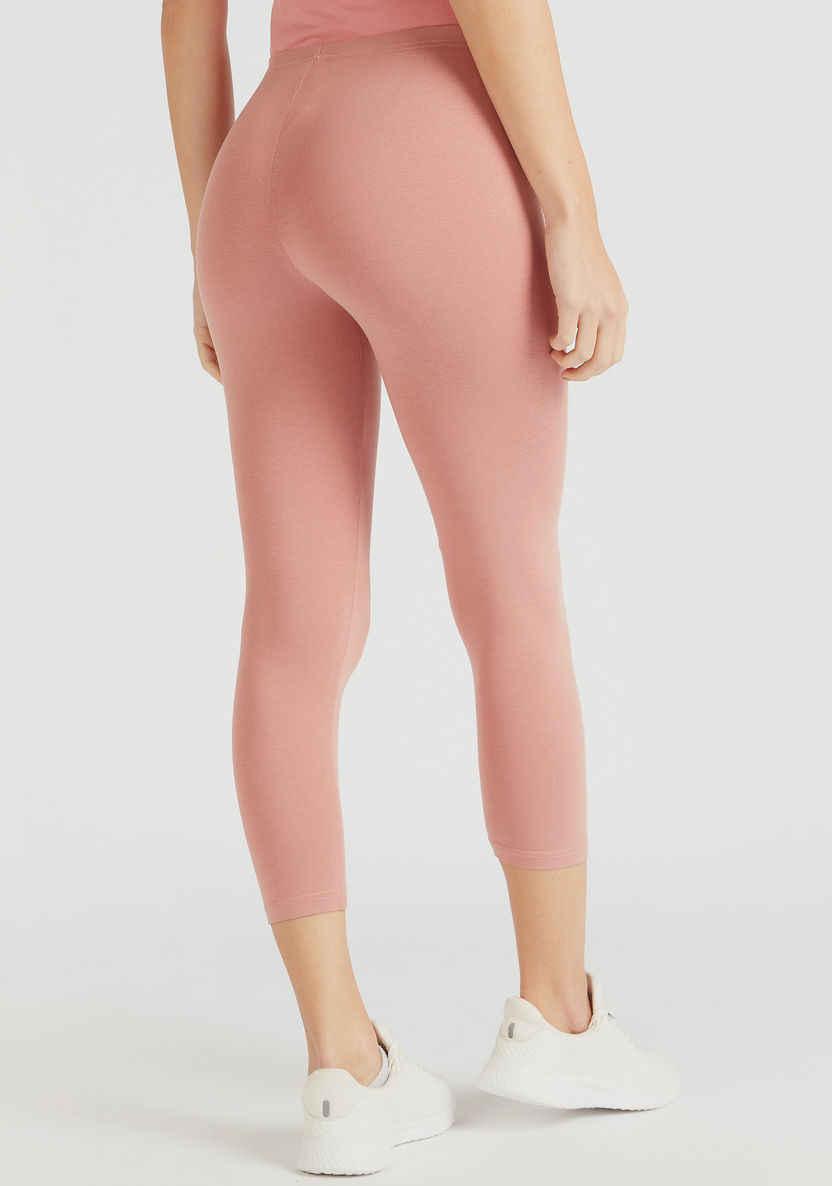 Solid Cropped Leggings with Elasticated Waistband-Leggings-image-3