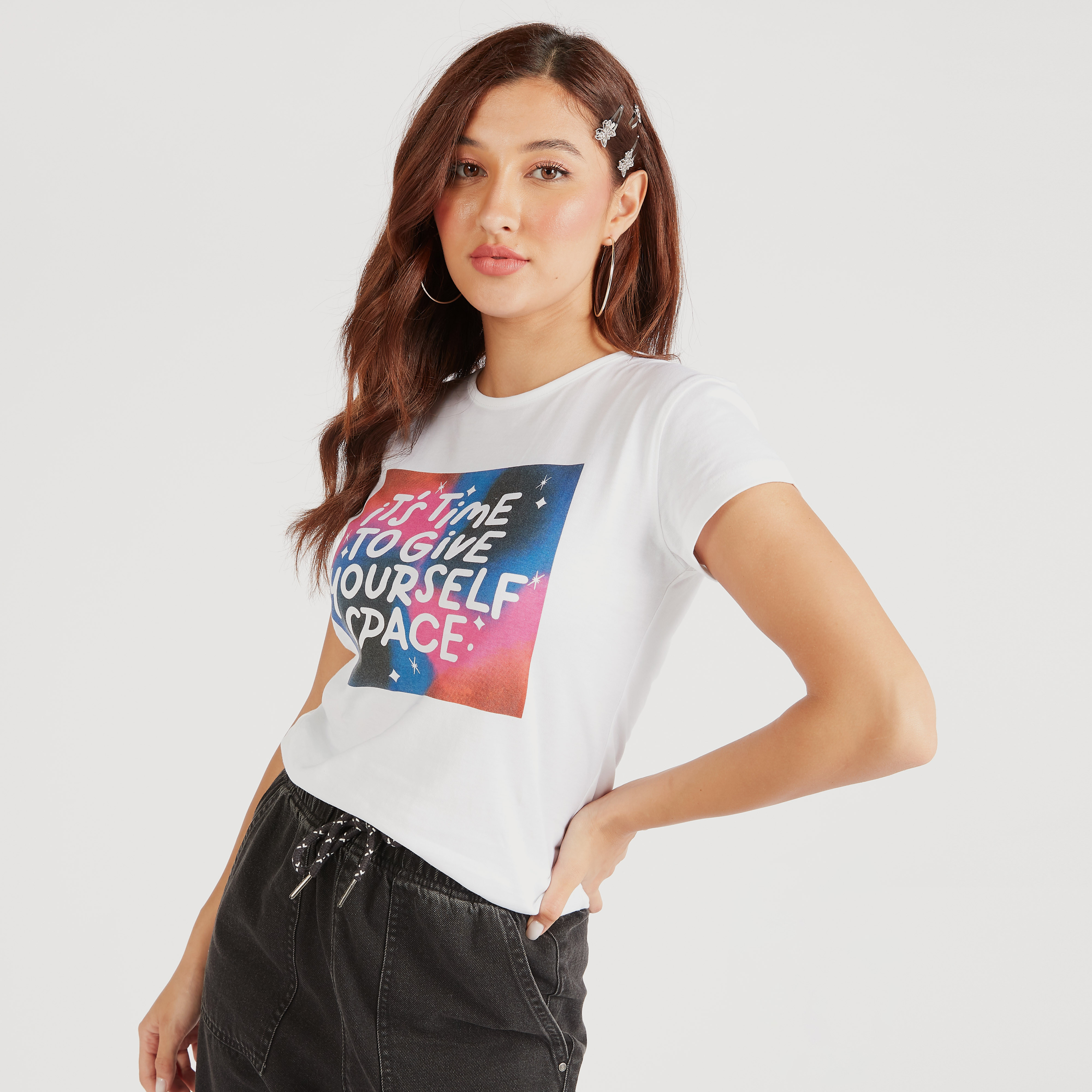 Printed Crew Neck T-shirt with Cap Sleeves-women-clothing-tshirts-image-1