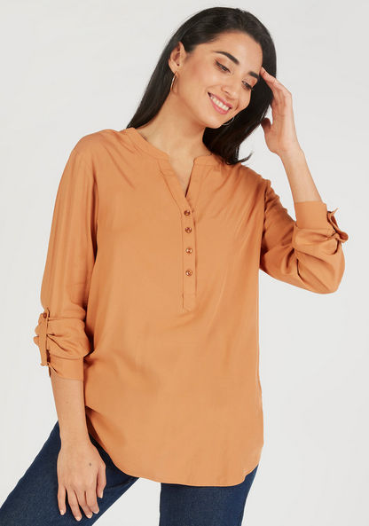 Solid V-neck Shirt Top with Long Sleeves-Shirts & Blouses-image-0