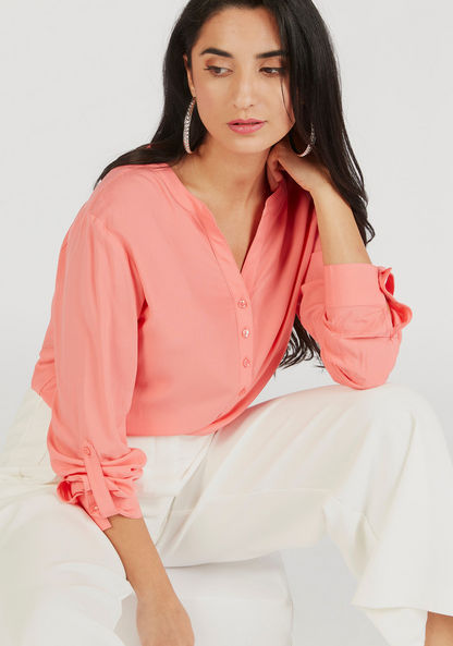 Solid V-neck Shirt Top with Long Sleeves-Shirts & Blouses-image-0