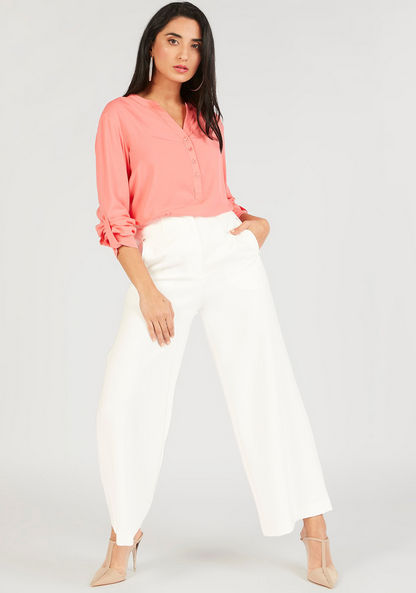 Solid V-neck Shirt Top with Long Sleeves-Shirts & Blouses-image-1