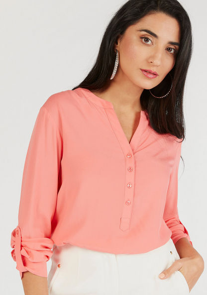 Solid V-neck Shirt Top with Long Sleeves-Shirts & Blouses-image-2