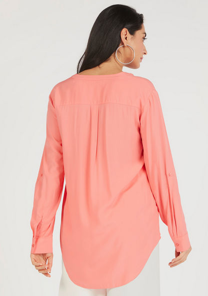 Solid V-neck Shirt Top with Long Sleeves-Shirts & Blouses-image-3