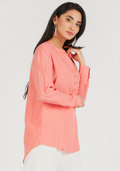 Solid V-neck Shirt Top with Long Sleeves-Shirts & Blouses-image-4