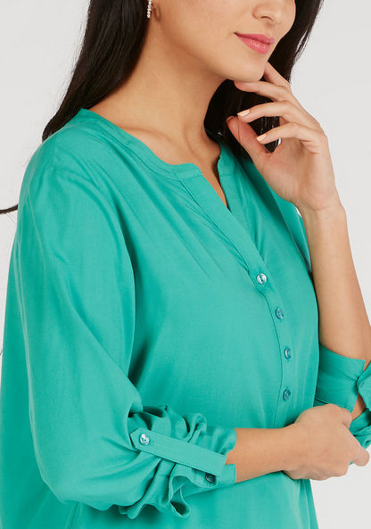 Solid V-neck Shirt Top with Long Sleeves-Shirts & Blouses-image-3