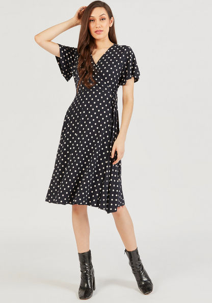 Polka Dot Midi Wrap Dress with Short Sleeves and Tie-Up-Dresses-image-0