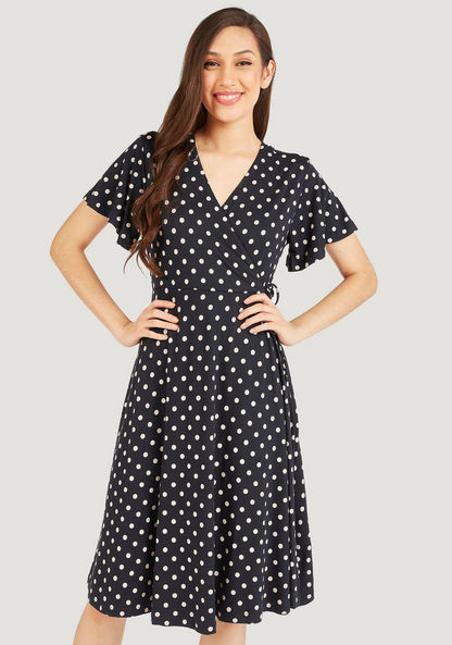 Polka Dot Midi Wrap Dress with Short Sleeves and Tie-Up-Dresses-image-1