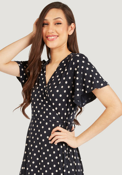 Polka Dot Midi Wrap Dress with Short Sleeves and Tie-Up-Dresses-image-2