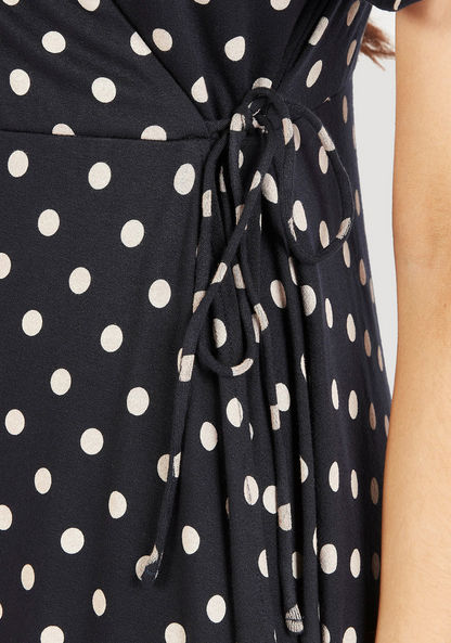 Polka Dot Midi Wrap Dress with Short Sleeves and Tie-Up-Dresses-image-4