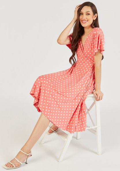Polka Dot Print Wrap Dress with Short Sleeves and Tie-Up-Dresses-image-0
