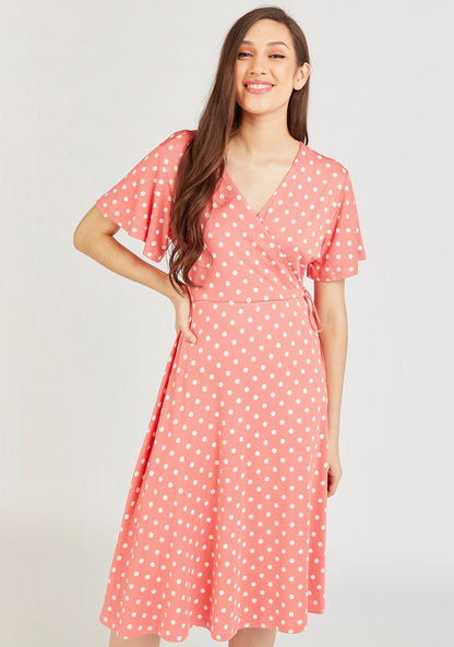 Polka Dot Print Wrap Dress with Short Sleeves and Tie-Up-Dresses-image-1