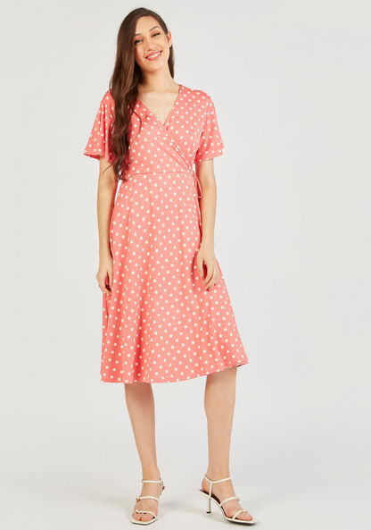 Polka Dot Print Wrap Dress with Short Sleeves and Tie-Up-Dresses-image-2