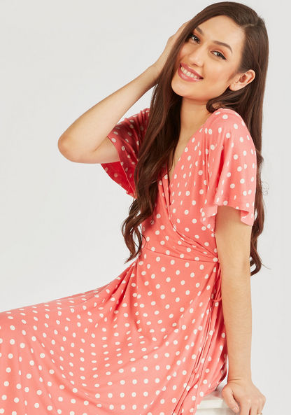 Polka Dot Print Wrap Dress with Short Sleeves and Tie-Up-Dresses-image-3