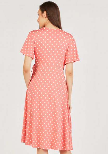 Polka Dot Print Wrap Dress with Short Sleeves and Tie-Up-Dresses-image-4