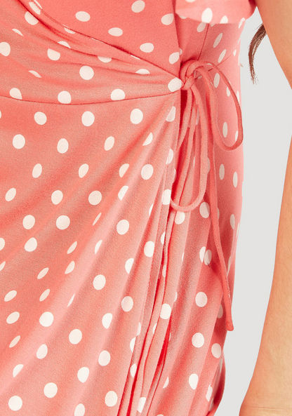 Polka Dot Print Wrap Dress with Short Sleeves and Tie-Up-Dresses-image-5