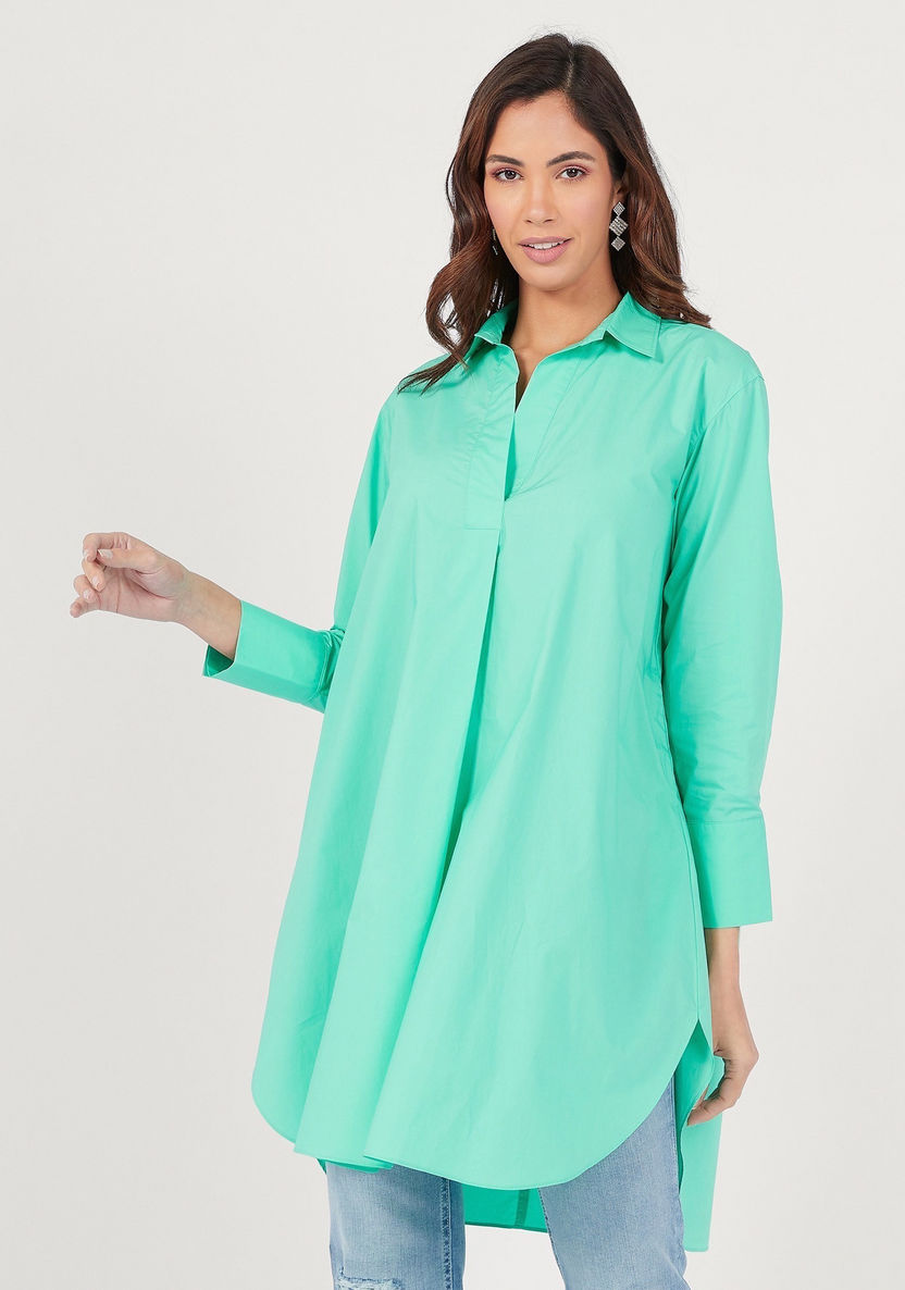 Solid High Low Shirt Tunic with Button Closure and Long Sleeves-Shirts and Blouses-image-0