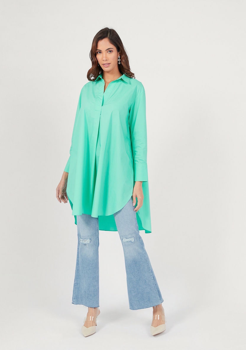 Solid High Low Shirt Tunic with Button Closure and Long Sleeves-Shirts and Blouses-image-1