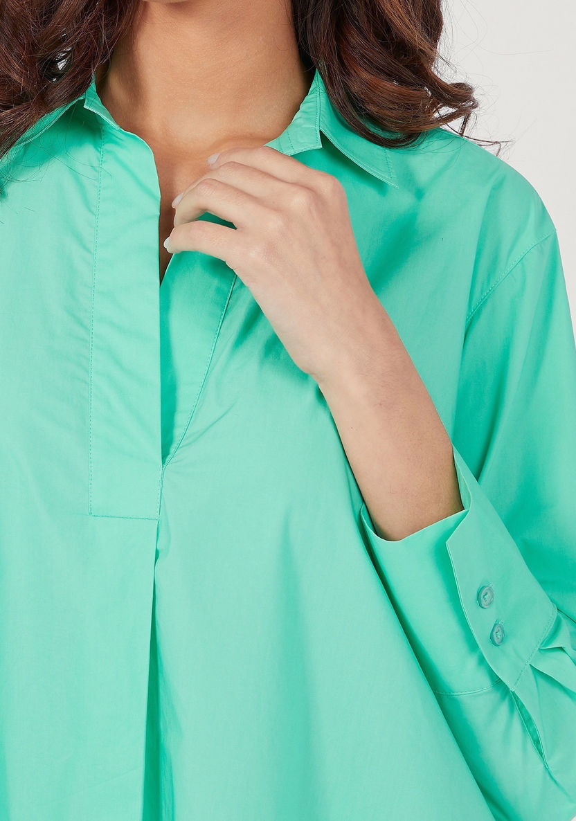 Solid High Low Shirt Tunic with Button Closure and Long Sleeves-Shirts and Blouses-image-2