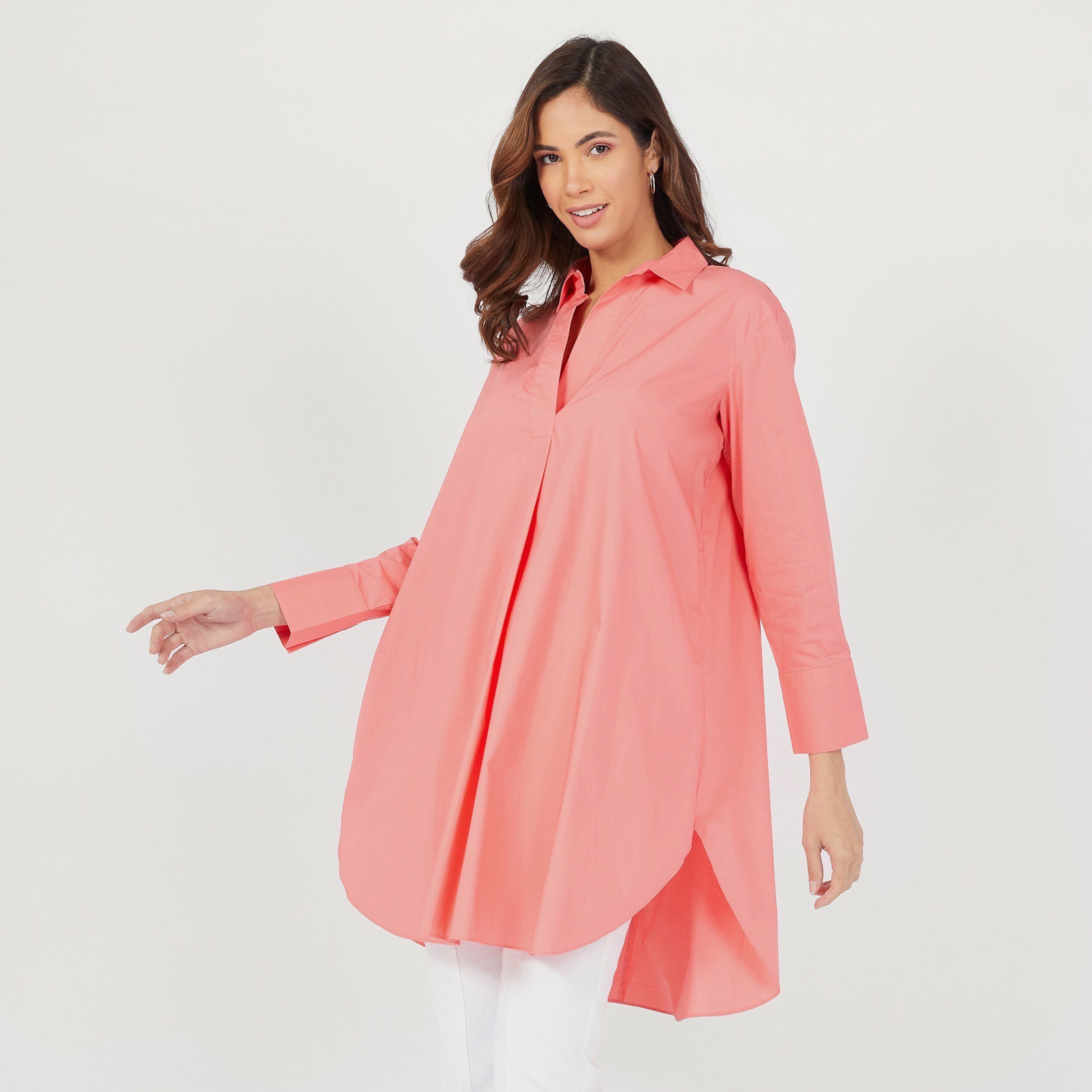 تونيك قميص سادة بطول غير متساوي وأكمام طويلة وأزرار إغلاق-women-clothing-shirtsandblouses-shirts-image-14