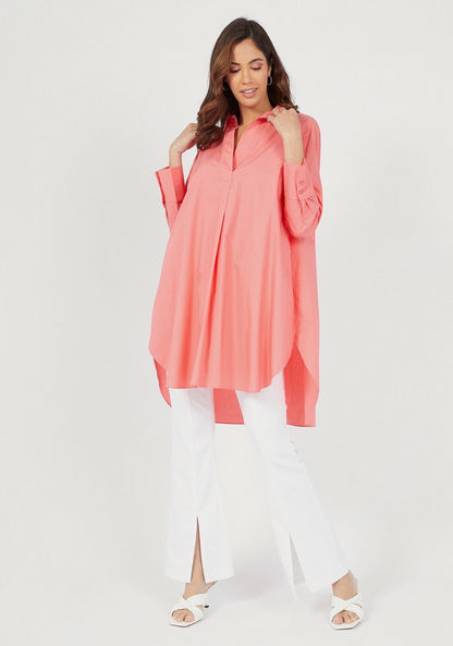 Solid High Low Shirt Tunic with Button Closure and Long Sleeves-Shirts & Blouses-image-1