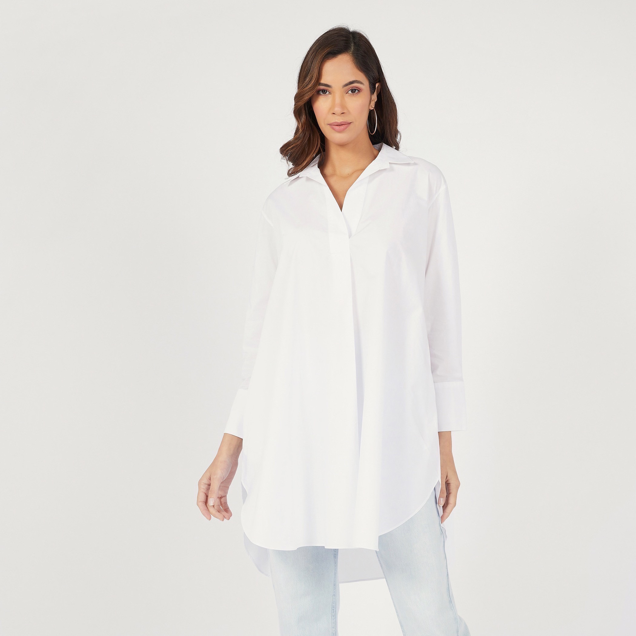 تونيك قميص سادة بطول غير متساوي وأكمام طويلة وأزرار إغلاق-women-clothing-shirtsandblouses-shirts-image-10