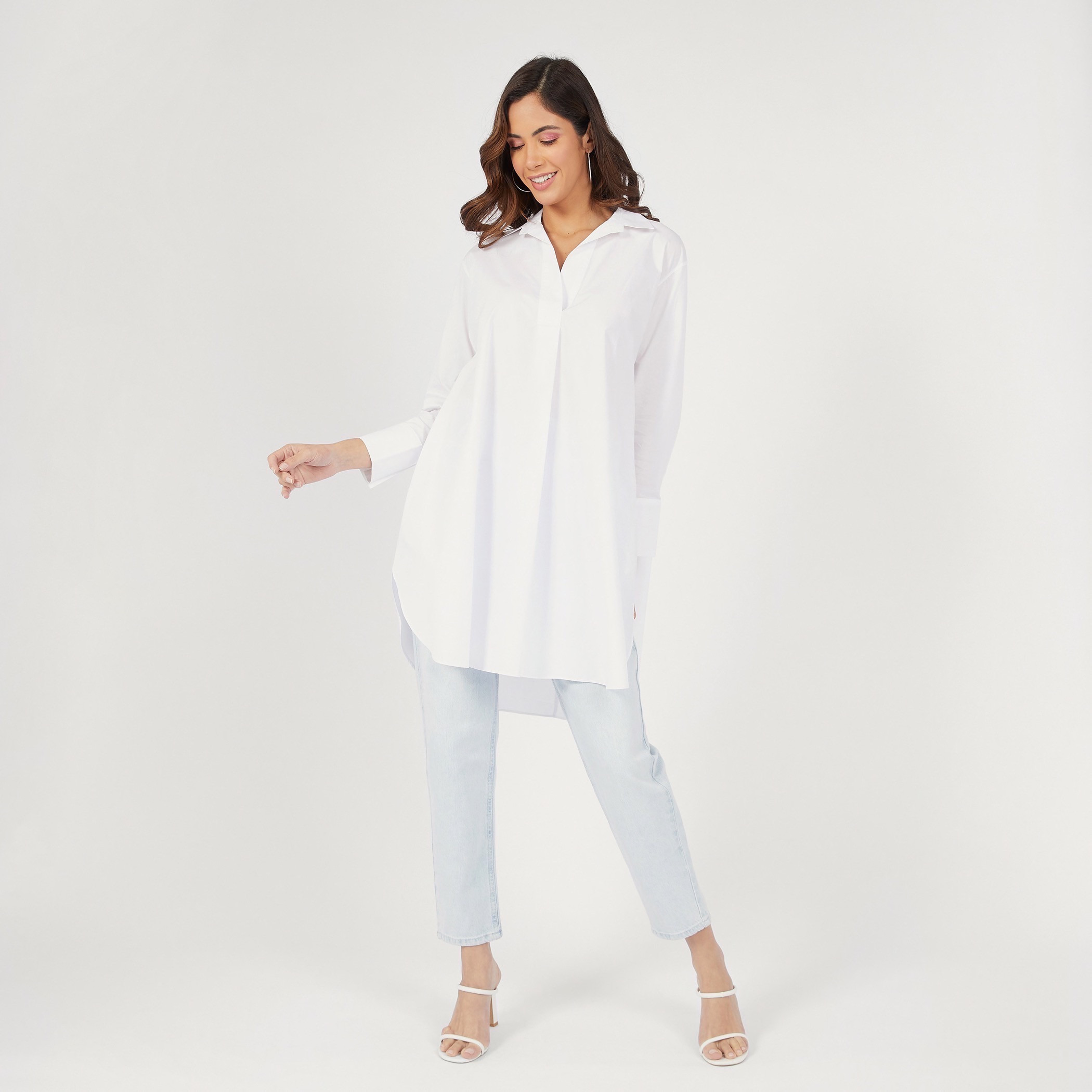 تونيك قميص سادة بطول غير متساوي وأكمام طويلة وأزرار إغلاق-women-clothing-shirtsandblouses-shirts-image-11