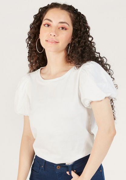 Solid Round Neck Top with Balloon Sleeves-Shirts & Blouses-image-0