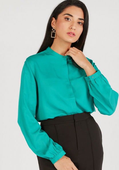 Solid Shirt with Mandarin Collar and Long Sleeves-Shirts & Blouses-image-0