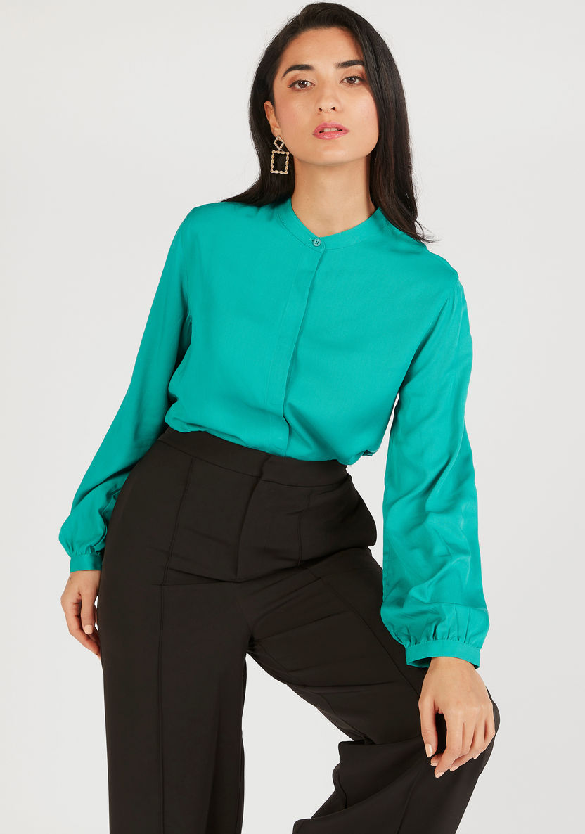 Solid Shirt with Mandarin Collar and Long Sleeves-Tops-image-2