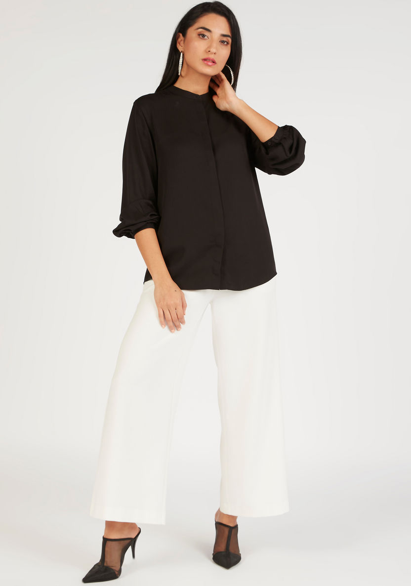 Solid Shirt with Mandarin Collar and Long Sleeves-Tops-image-1