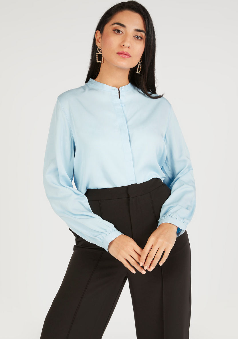 Solid Shirt with Mandarin Collar and Long Sleeves-Tops-image-0