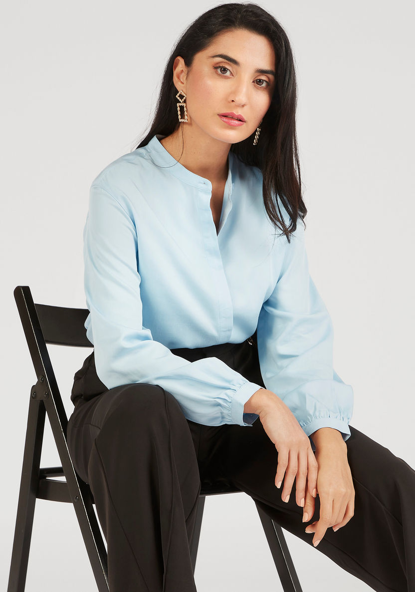 Solid Shirt with Mandarin Collar and Long Sleeves-Tops-image-4