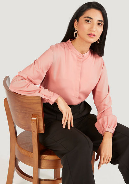 Solid Shirt with Mandarin Collar and Long Sleeves-Shirts & Blouses-image-0