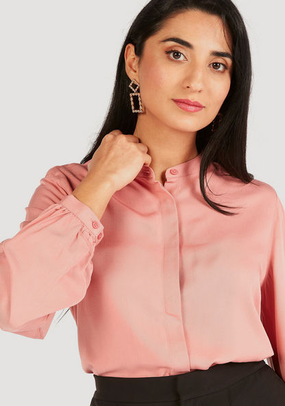 Solid Shirt with Mandarin Collar and Long Sleeves-Shirts & Blouses-image-4
