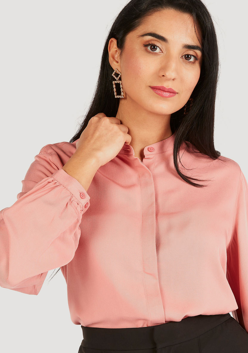 Solid Shirt with Mandarin Collar and Long Sleeves-Tops-image-4