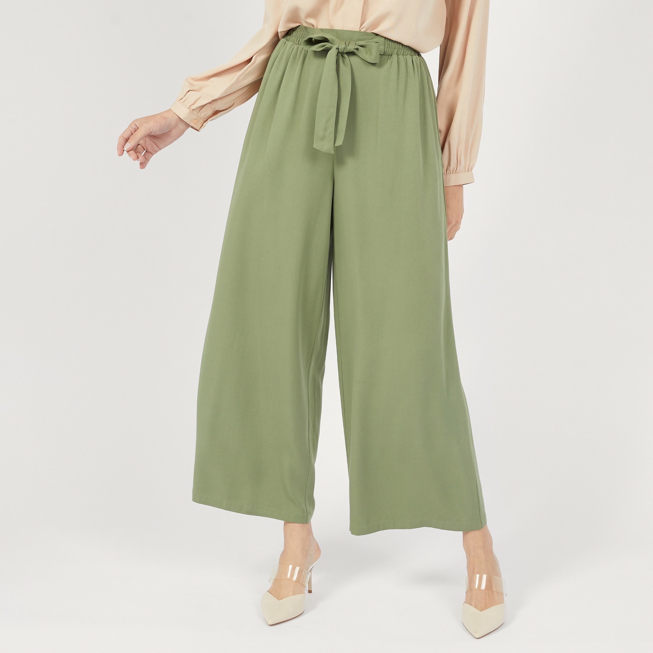 بنطلون بالازو بخصر مطاطي ورباط وجيوب -women-clothing-trousers-image-1