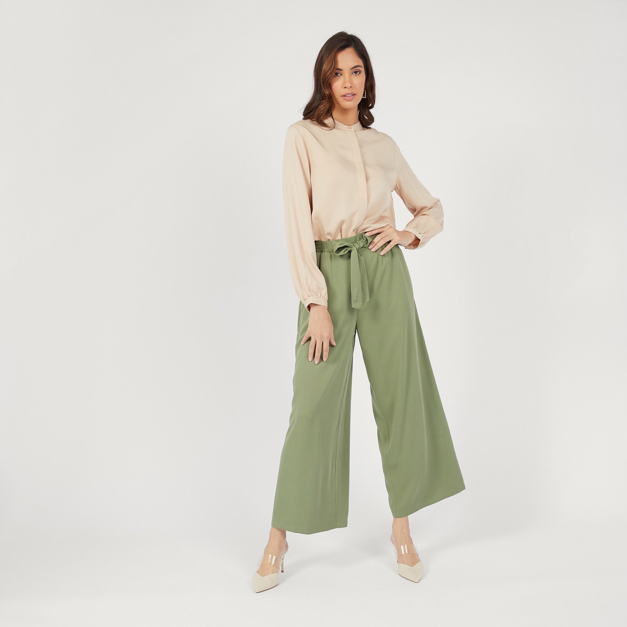 بنطلون بالازو بخصر مطاطي ورباط وجيوب -women-clothing-trousers-image-2