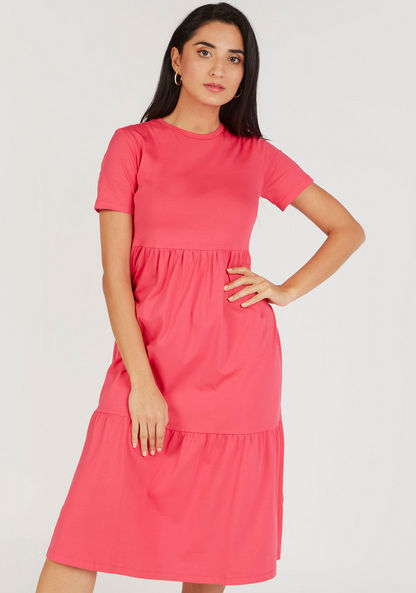 Solid Crew Neck Midi A-line Dress with Short Sleeves-Dresses-image-0